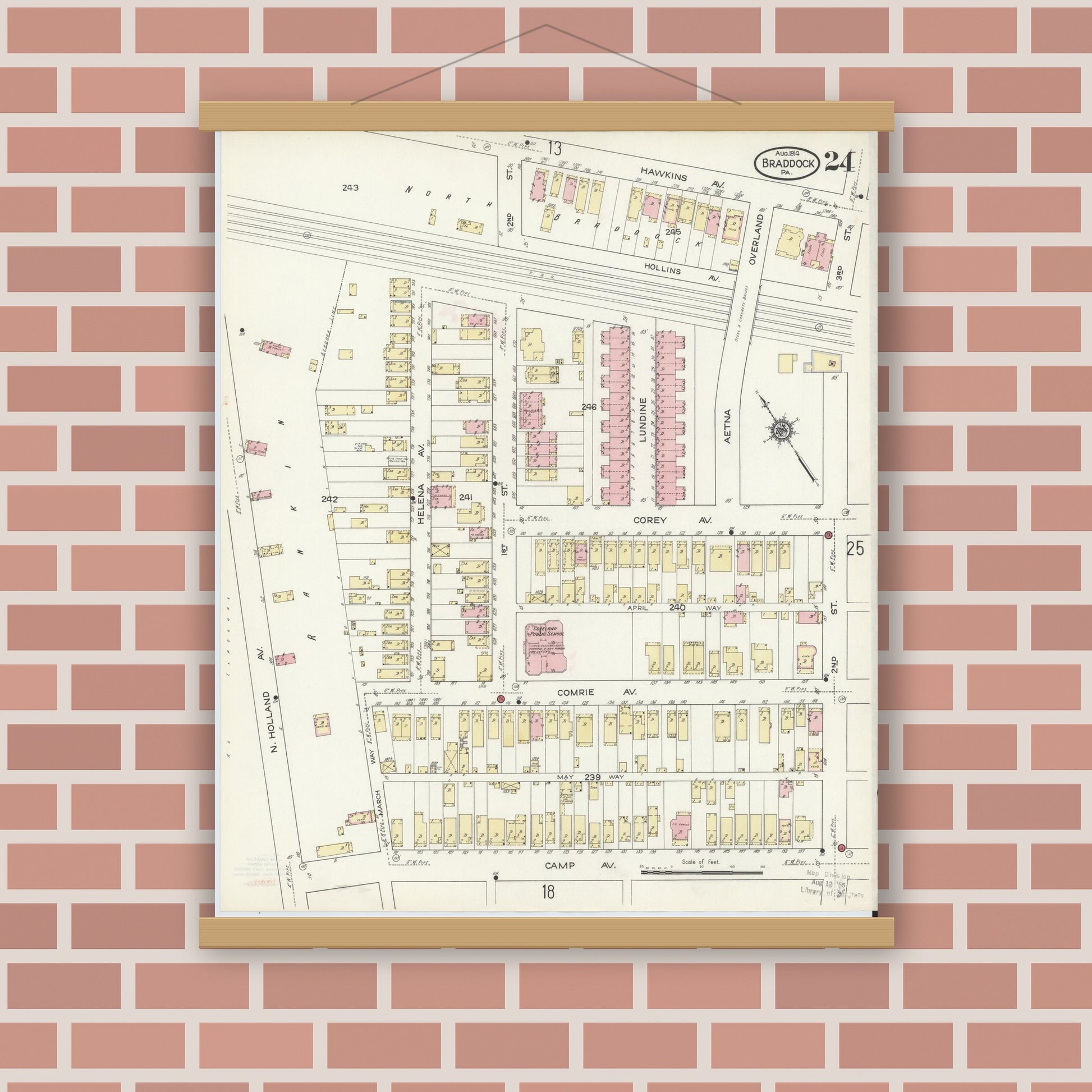 Old map wall art mockup — magnetic wood frame on brick wall — Sanborn Fire Insurance Map from Braddock, Allegheny County, Pennsylvania (1914), Sheet #0024