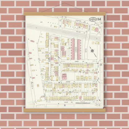 Old map wall art mockup — magnetic wood frame on brick wall — Sanborn Fire Insurance Map from Braddock, Allegheny County, Pennsylvania (1914), Sheet #0024