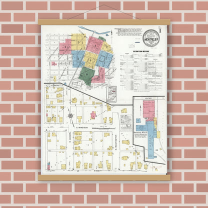 Old map wall art mockup — magnetic wood frame on brick wall — Sanborn Fire Insurance Map from Montpelier, Blackford County, Indiana (1920) - Complete Map Set