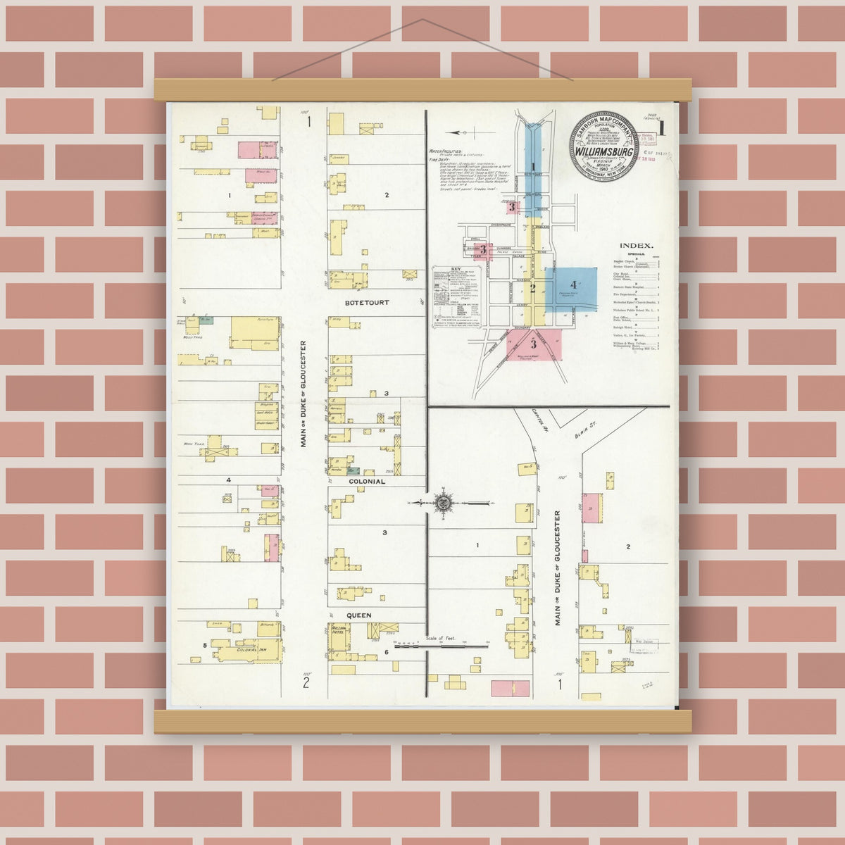 Old map wall art mockup — magnetic wood frame on brick wall — Sanborn Fire Insurance Map from Williamsburg, Independent Cities, Virginia (1910), Sheet #0001
