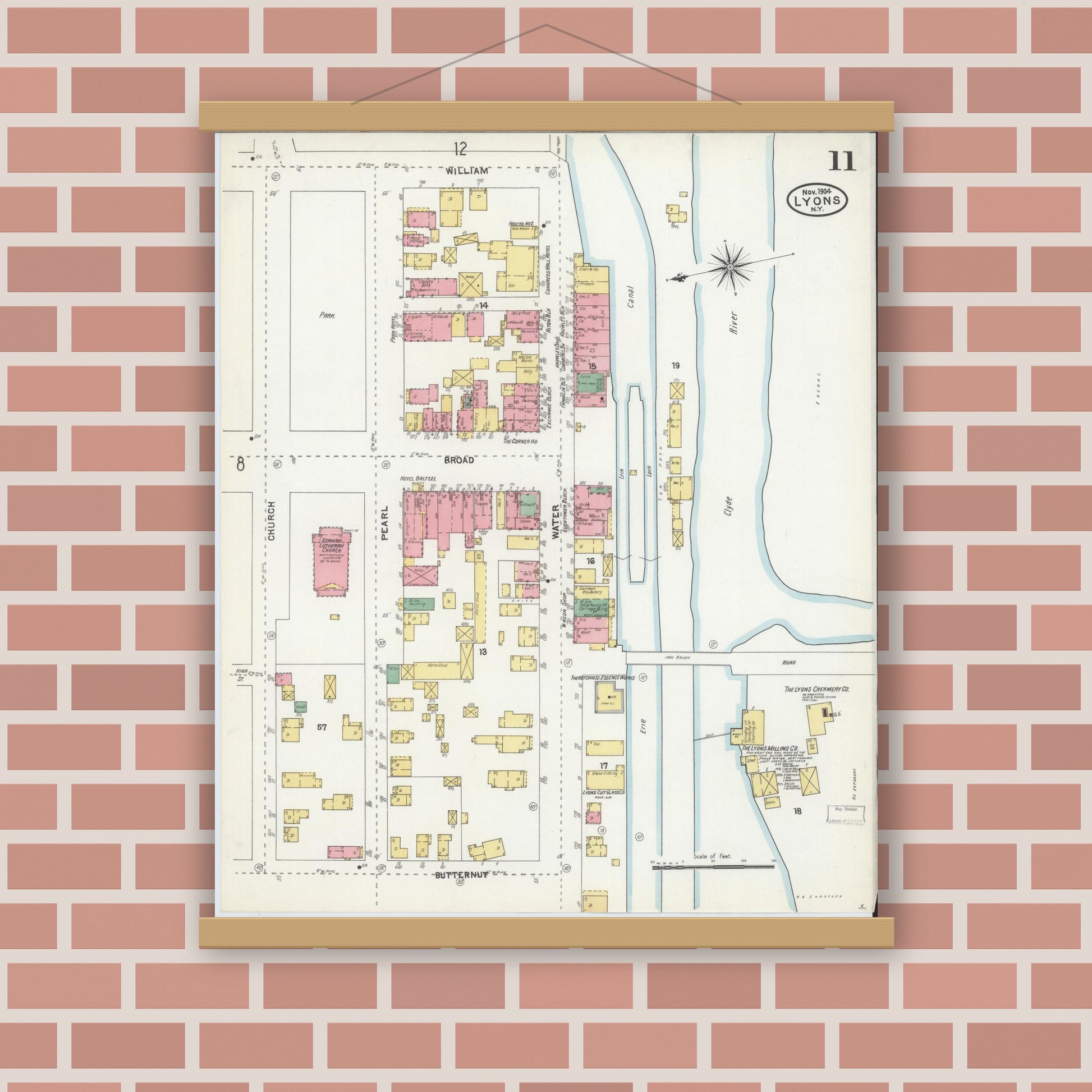 Old map wall art mockup — magnetic wood frame on brick wall — Sanborn Fire Insurance Map from Lyons, Wayne County, New York (1904), Sheet #0011