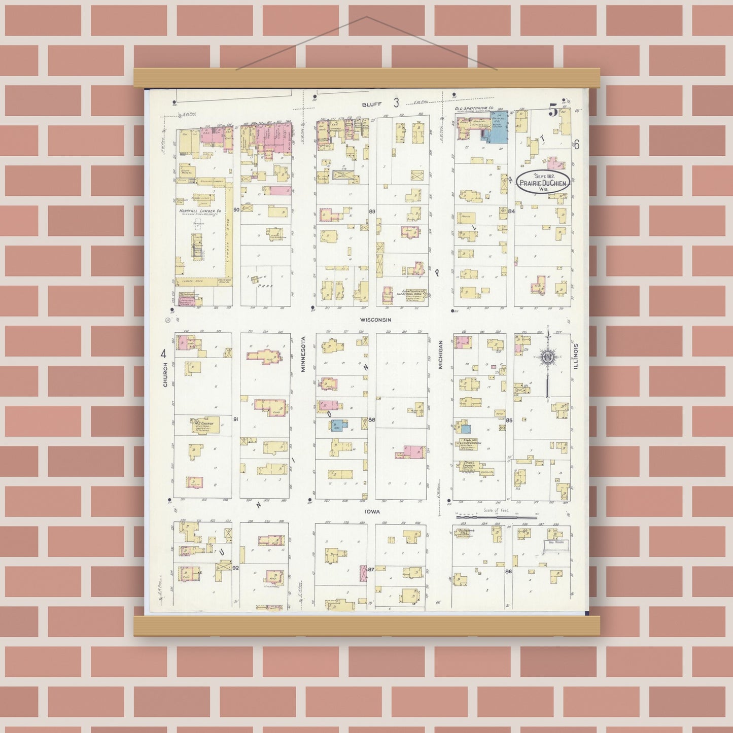 Old map wall art mockup — magnetic wood frame on brick wall — Sanborn Fire Insurance Map from Prairie du Chien, Crawford County, Wisconsin (1912), Sheet #0005