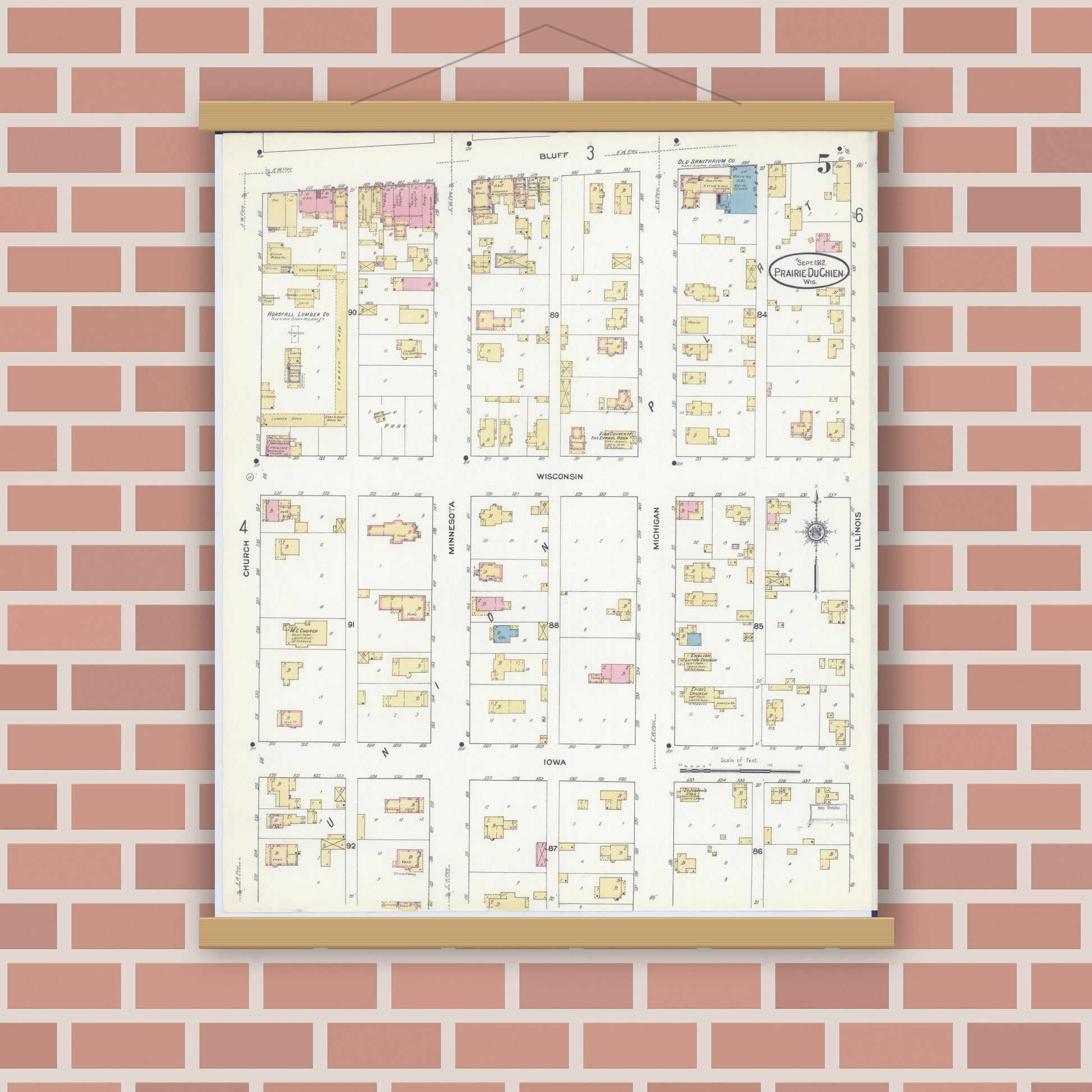 Old map wall art mockup — magnetic wood frame on brick wall — Sanborn Fire Insurance Map from Prairie du Chien, Crawford County, Wisconsin (1912), Sheet #0005