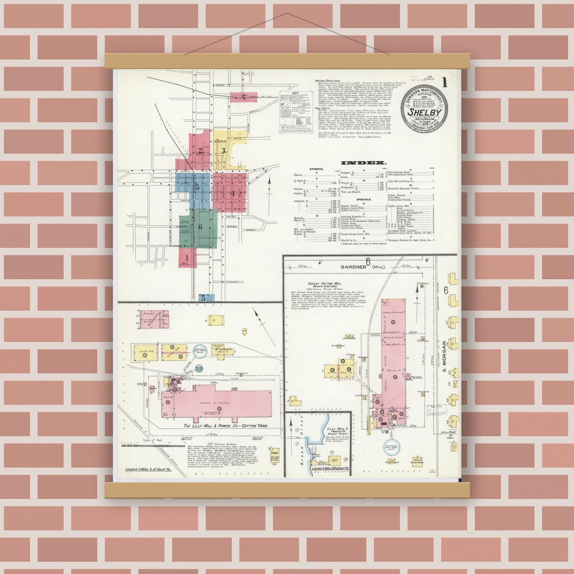 Old map wall art mockup — magnetic wood frame on brick wall — Sanborn Fire Insurance Map from Shelby, Cleveland County, North Carolina (1909) - Complete Map Set