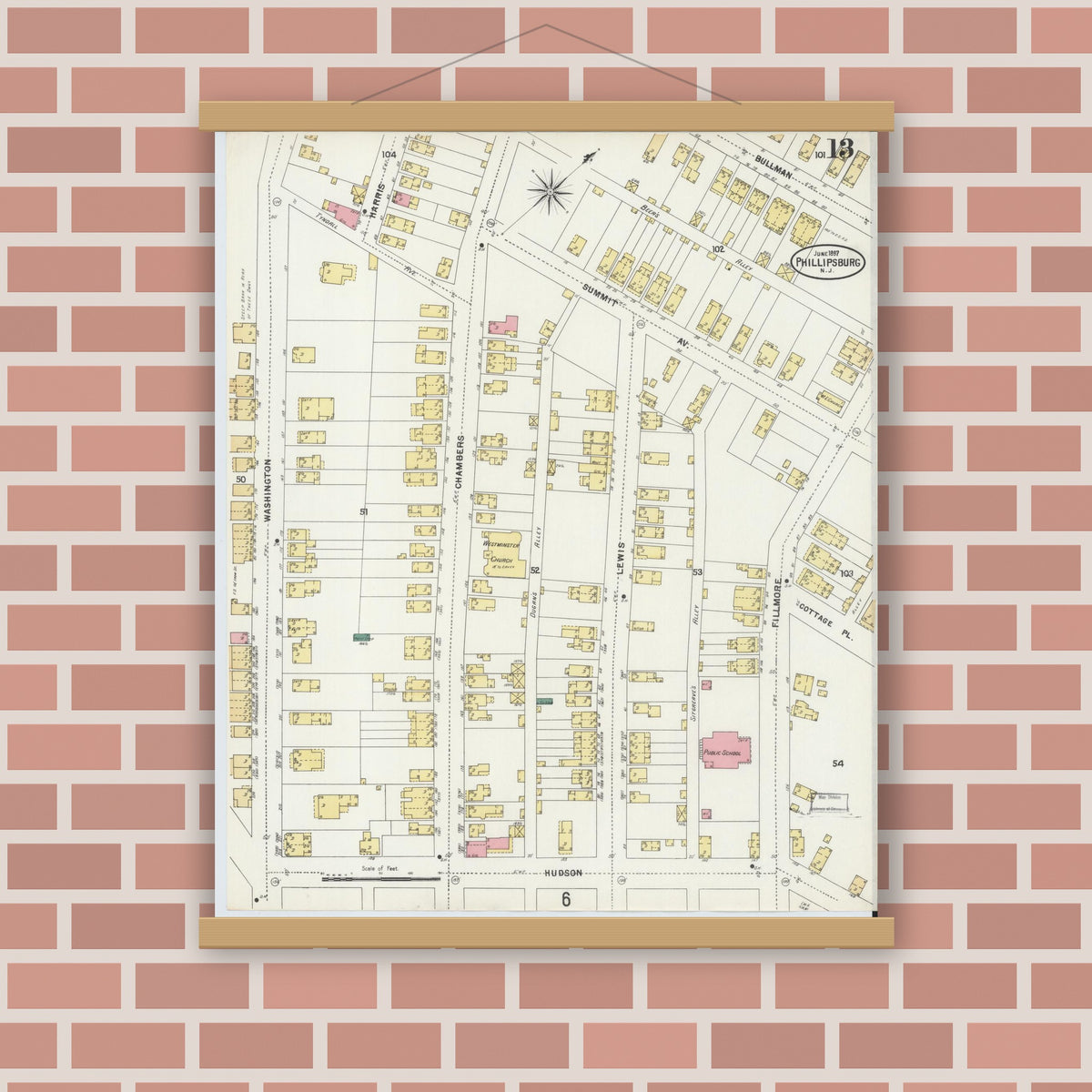 Old map wall art mockup — magnetic wood frame on brick wall — Sanborn Fire Insurance Map from Phillipsburg, Warren County, New Jersey (1897), Sheet #0013
