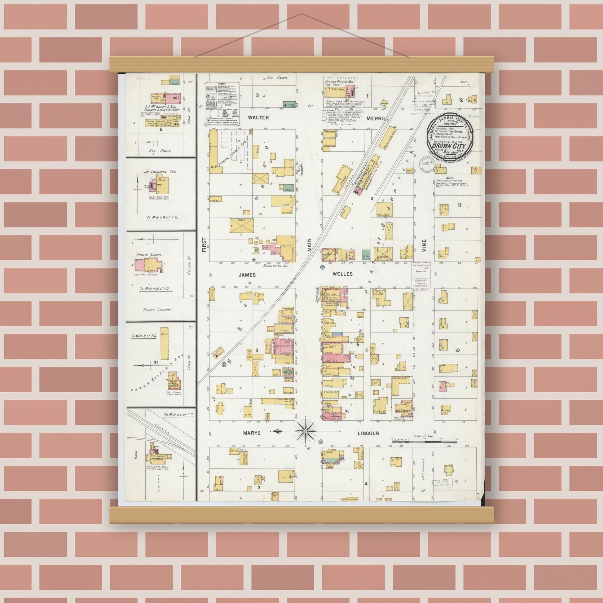 Old map wall art mockup — magnetic wood frame on brick wall — Sanborn Fire Insurance Map from Brown City, Sanilac County, Michigan (1900), Sheet #0001