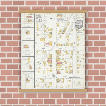 Old map wall art mockup — magnetic wood frame on brick wall — Sanborn Fire Insurance Map from Brown City, Sanilac County, Michigan (1900), Sheet #0001