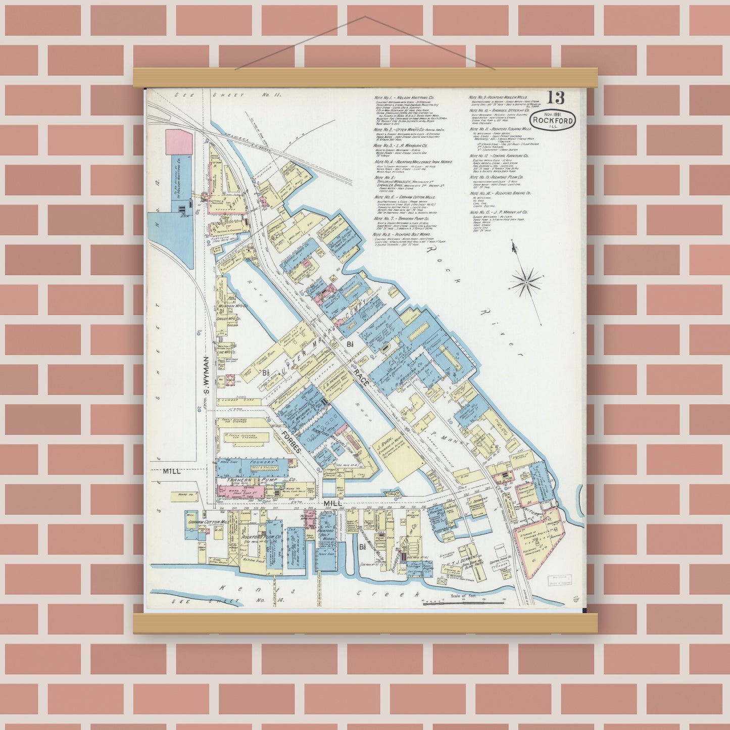 Old map wall art mockup — magnetic wood frame on brick wall — Sanborn Fire Insurance Map from Rockford, Winnebago County, Illinois (1891), Sheet #0013