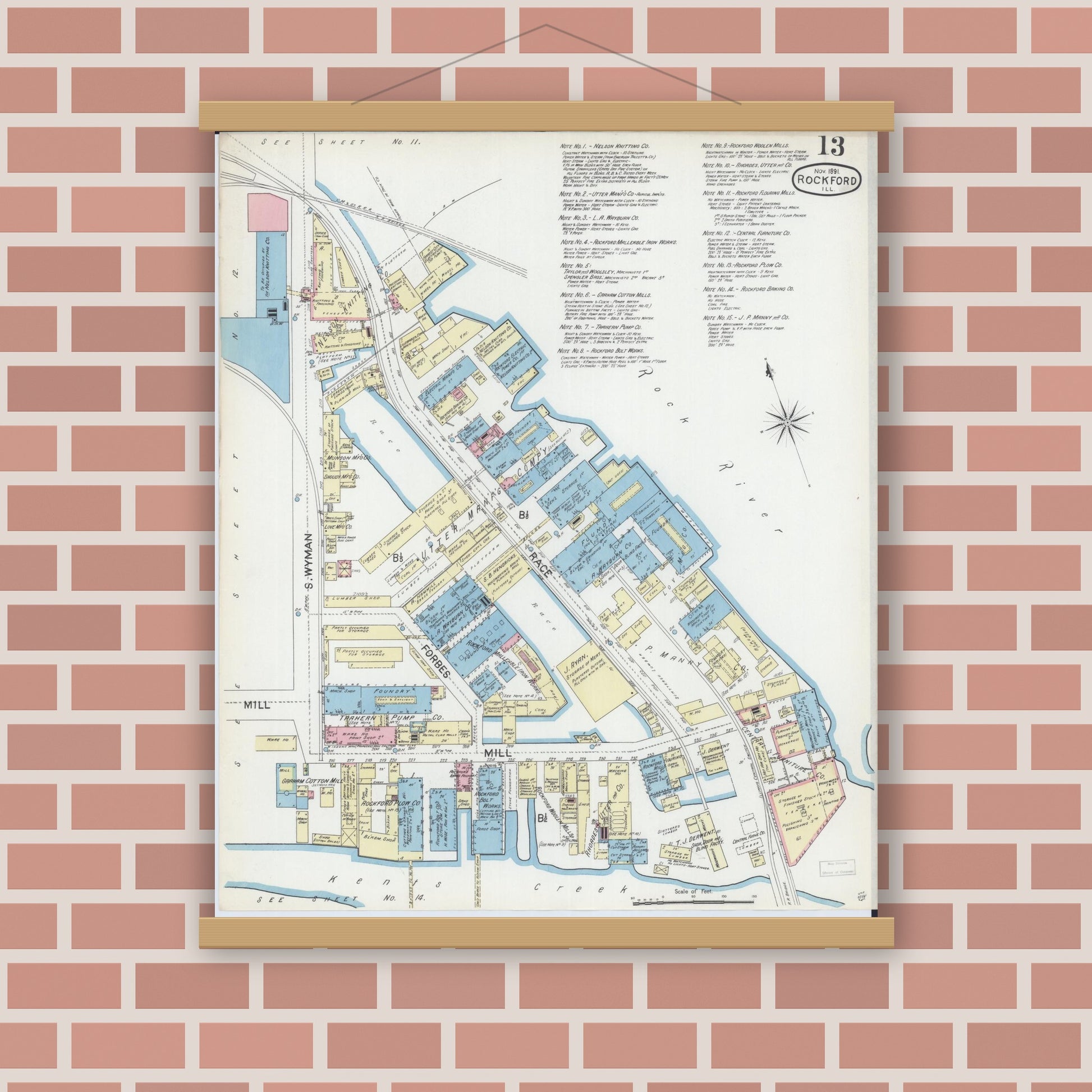 Old map wall art mockup — magnetic wood frame on brick wall — Sanborn Fire Insurance Map from Rockford, Winnebago County, Illinois (1891), Sheet #0013