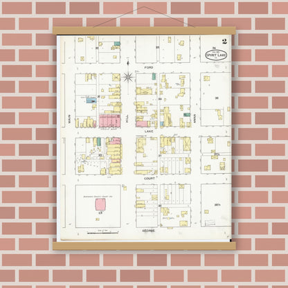 Old map wall art mockup — magnetic wood frame on brick wall — Sanborn Fire Insurance Map from Spirit Lake, Dickinson County, Iowa (1893), Sheet #0002