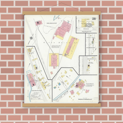 Old map wall art mockup — magnetic wood frame on brick wall — Sanborn Fire Insurance Map from Alton, Madison County, Illinois (1915), Sheet #0028