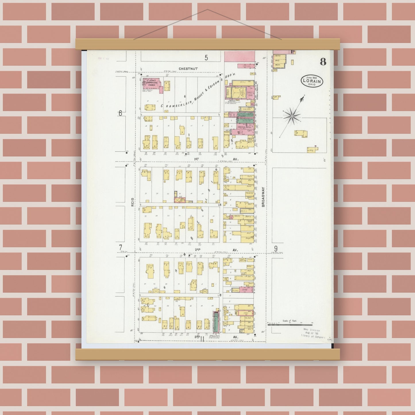 Old map wall art mockup — magnetic wood frame on brick wall — Sanborn Fire Insurance Map from Lorain, Lorain County, Ohio (1905), Sheet #0008