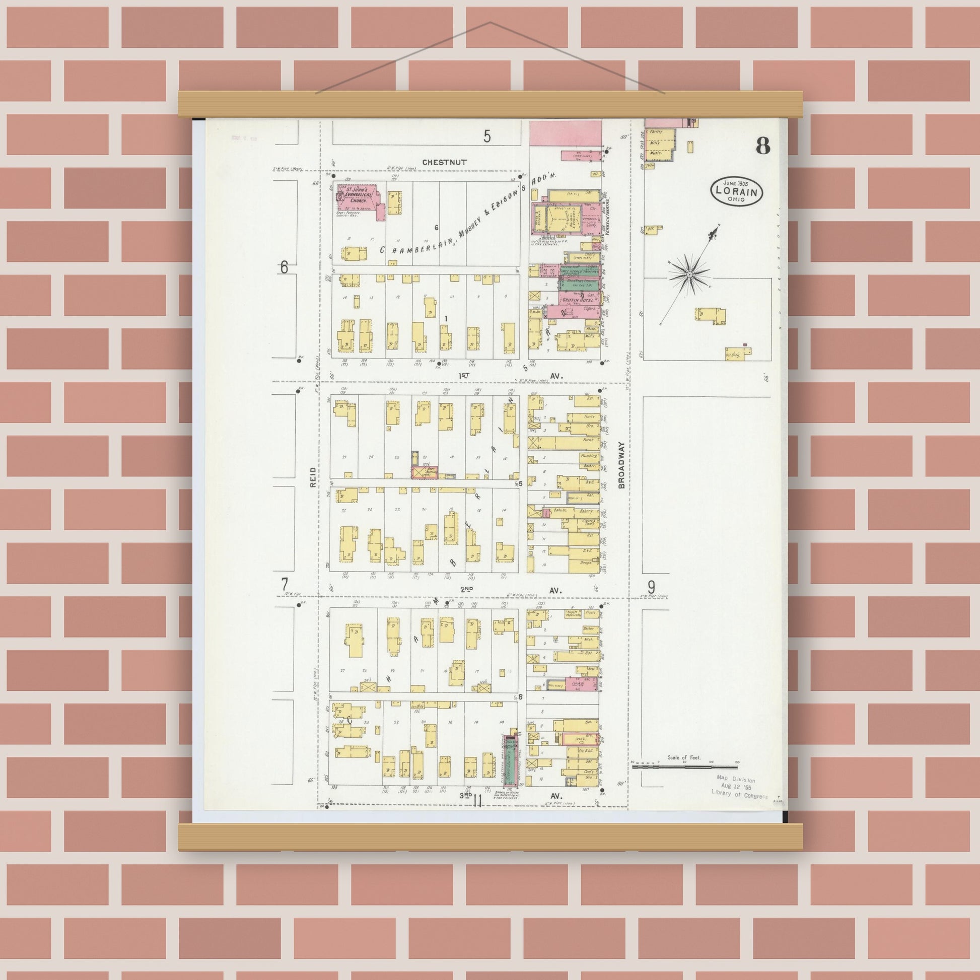 Old map wall art mockup — magnetic wood frame on brick wall — Sanborn Fire Insurance Map from Lorain, Lorain County, Ohio (1905), Sheet #0008
