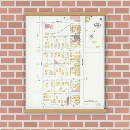 Old map wall art mockup — magnetic wood frame on brick wall — Sanborn Fire Insurance Map from Lorain, Lorain County, Ohio (1905), Sheet #0008