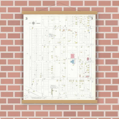 Old map wall art mockup — magnetic wood frame on brick wall — Sanborn Fire Insurance Map from Quitaque, Briscoe County, Texas (1936), Sheet #0003