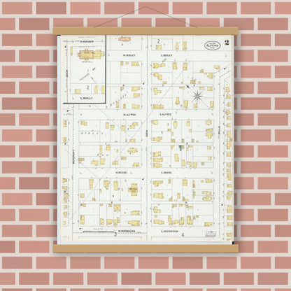 Old map wall art mockup — magnetic wood frame on brick wall — Sanborn Fire Insurance Map from Alpena, Alpena County, Michigan (1901), Sheet #0002
