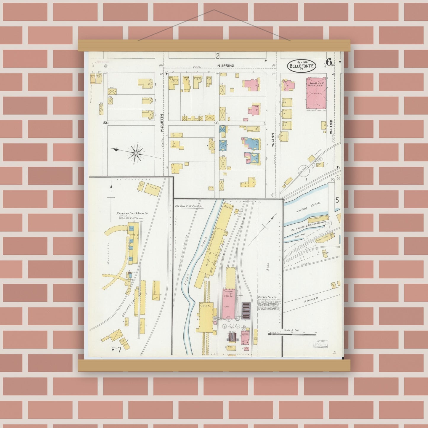 Old map wall art mockup — magnetic wood frame on brick wall — Sanborn Fire Insurance Map from Bellefonte, Centre County, Pennsylvania (1904), Sheet #0006