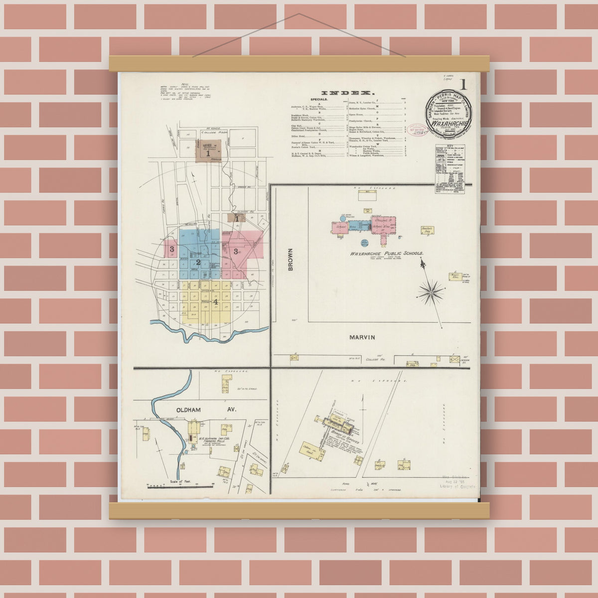 Old map wall art mockup — magnetic wood frame on brick wall — Sanborn Fire Insurance Map from Waxahachie, Ellis County, Texas (1890), Sheet #0001