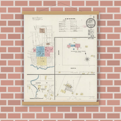 Old map wall art mockup — magnetic wood frame on brick wall — Sanborn Fire Insurance Map from Waxahachie, Ellis County, Texas (1890), Sheet #0001