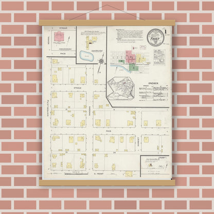 Old map wall art mockup — magnetic wood frame on brick wall — Sanborn Fire Insurance Map from Frost, Navarro County, Texas (1915), Sheet #0001