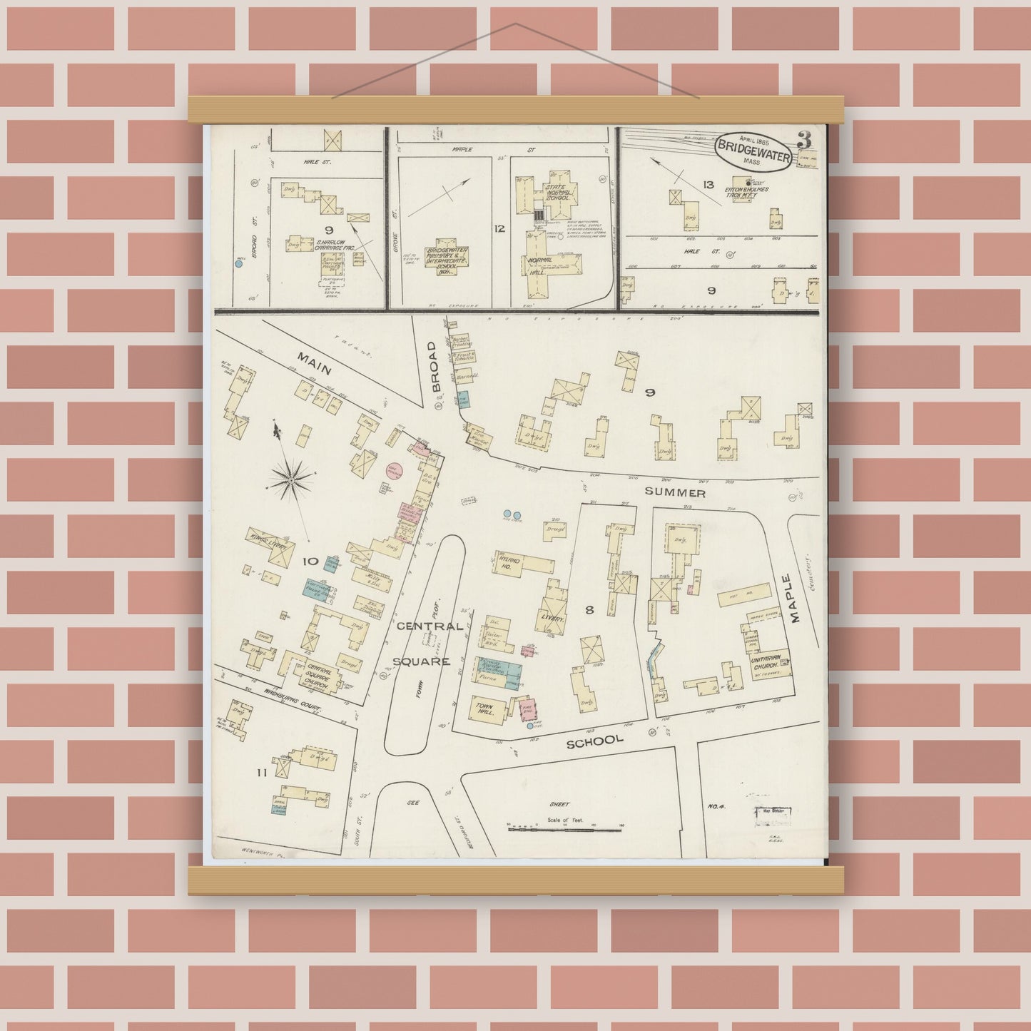 Old map wall art mockup — magnetic wood frame on brick wall — Sanborn Fire Insurance Map from Bridgewater, Plymouth County, Massachusetts (1885), Sheet #0003