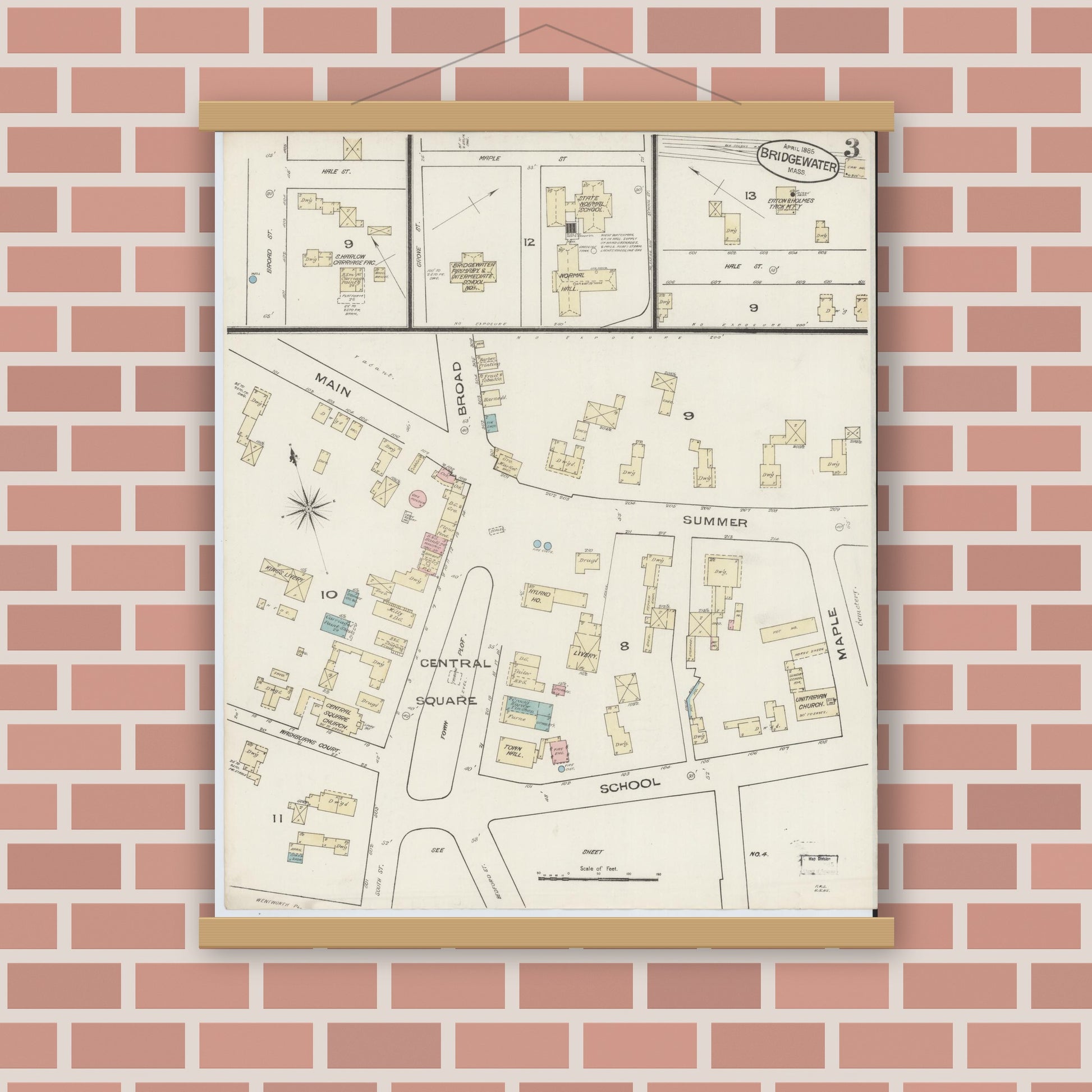Old map wall art mockup — magnetic wood frame on brick wall — Sanborn Fire Insurance Map from Bridgewater, Plymouth County, Massachusetts (1885), Sheet #0003