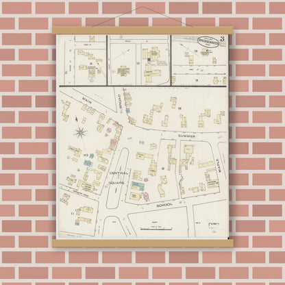 Old map wall art mockup — magnetic wood frame on brick wall — Sanborn Fire Insurance Map from Bridgewater, Plymouth County, Massachusetts (1885), Sheet #0003