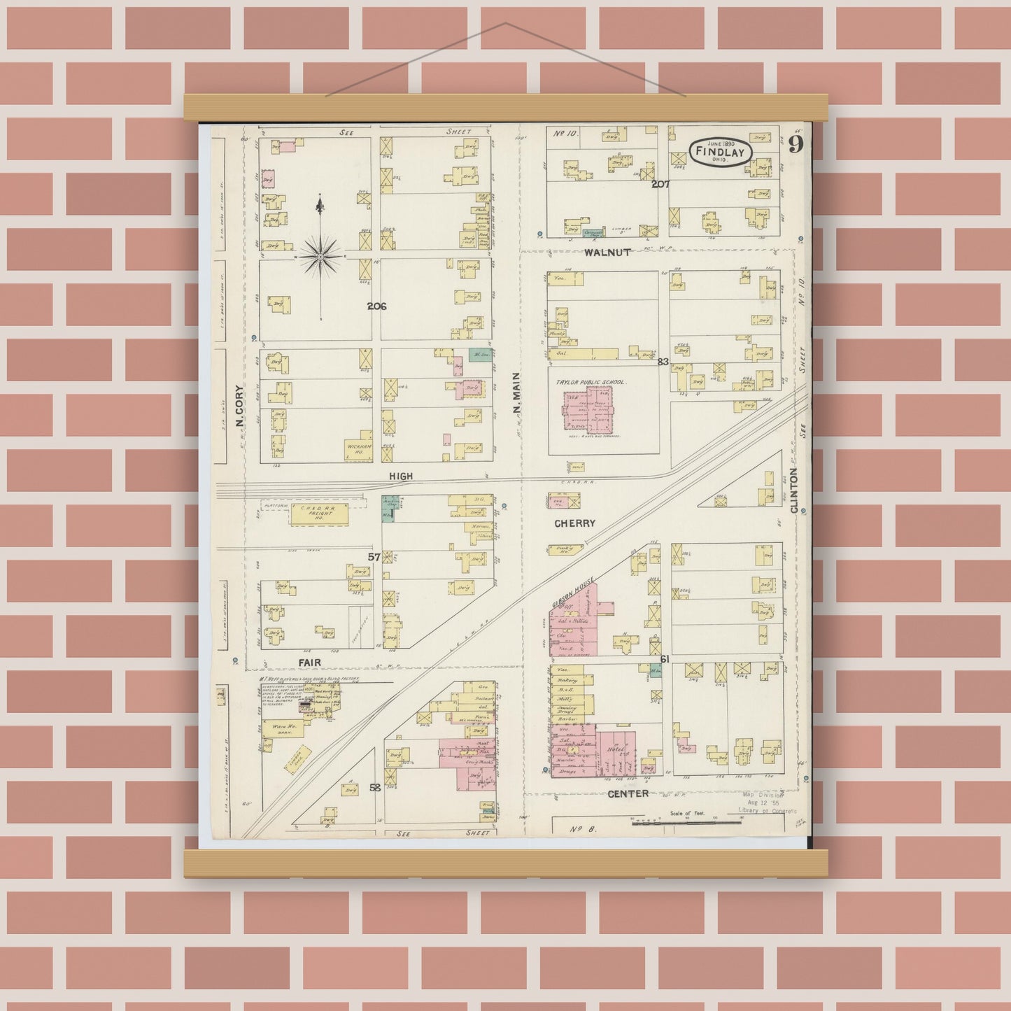 Old map wall art mockup — magnetic wood frame on brick wall — Sanborn Fire Insurance Map from Findlay, Hancock County, Ohio (1890), Sheet #0009
