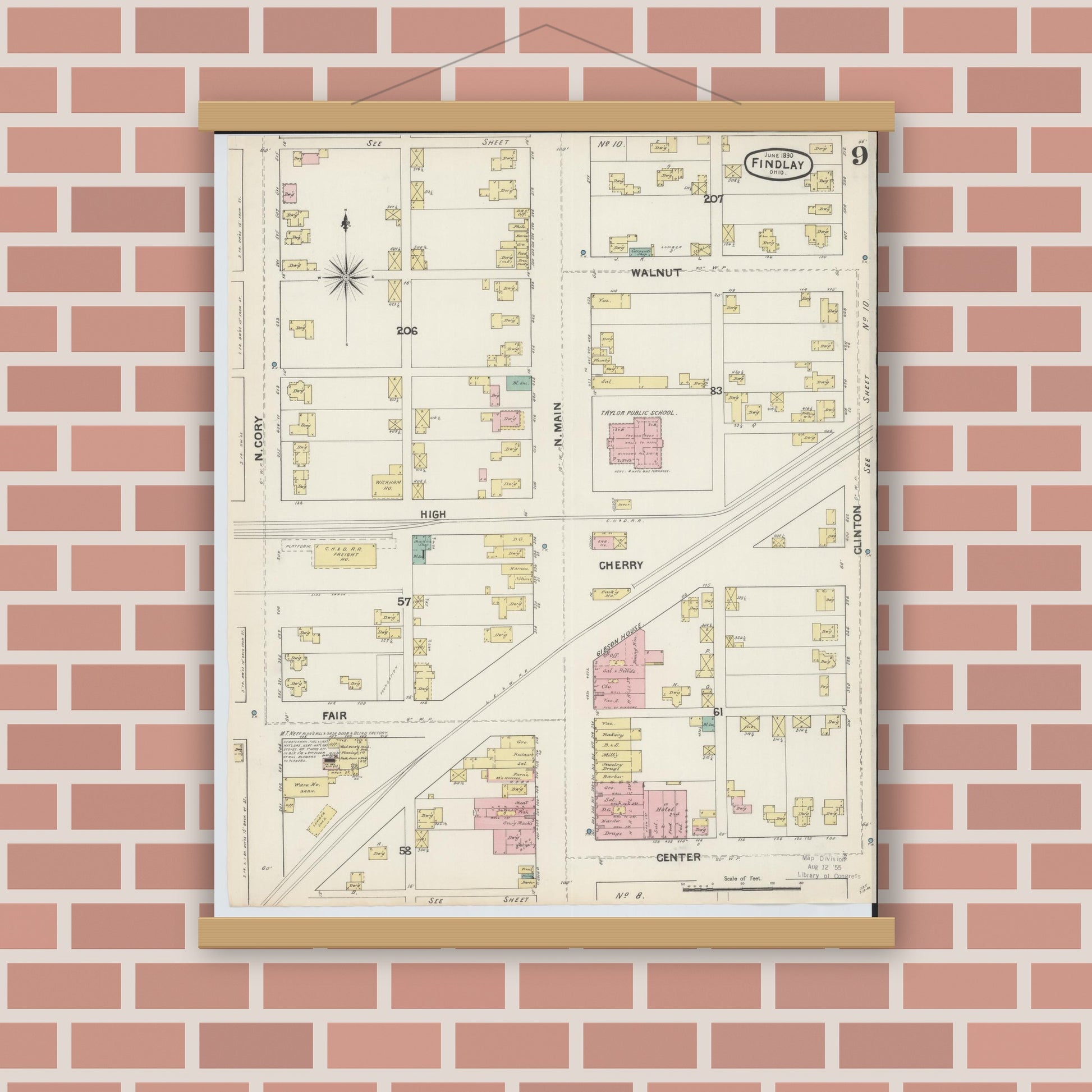 Old map wall art mockup — magnetic wood frame on brick wall — Sanborn Fire Insurance Map from Findlay, Hancock County, Ohio (1890), Sheet #0009