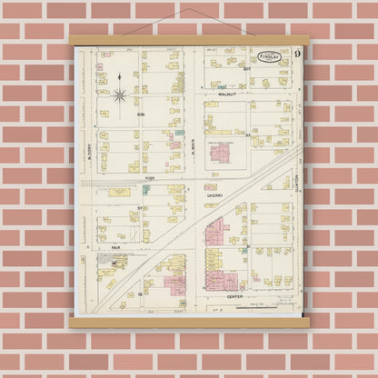 Old map wall art mockup — magnetic wood frame on brick wall — Sanborn Fire Insurance Map from Findlay, Hancock County, Ohio (1890), Sheet #0009