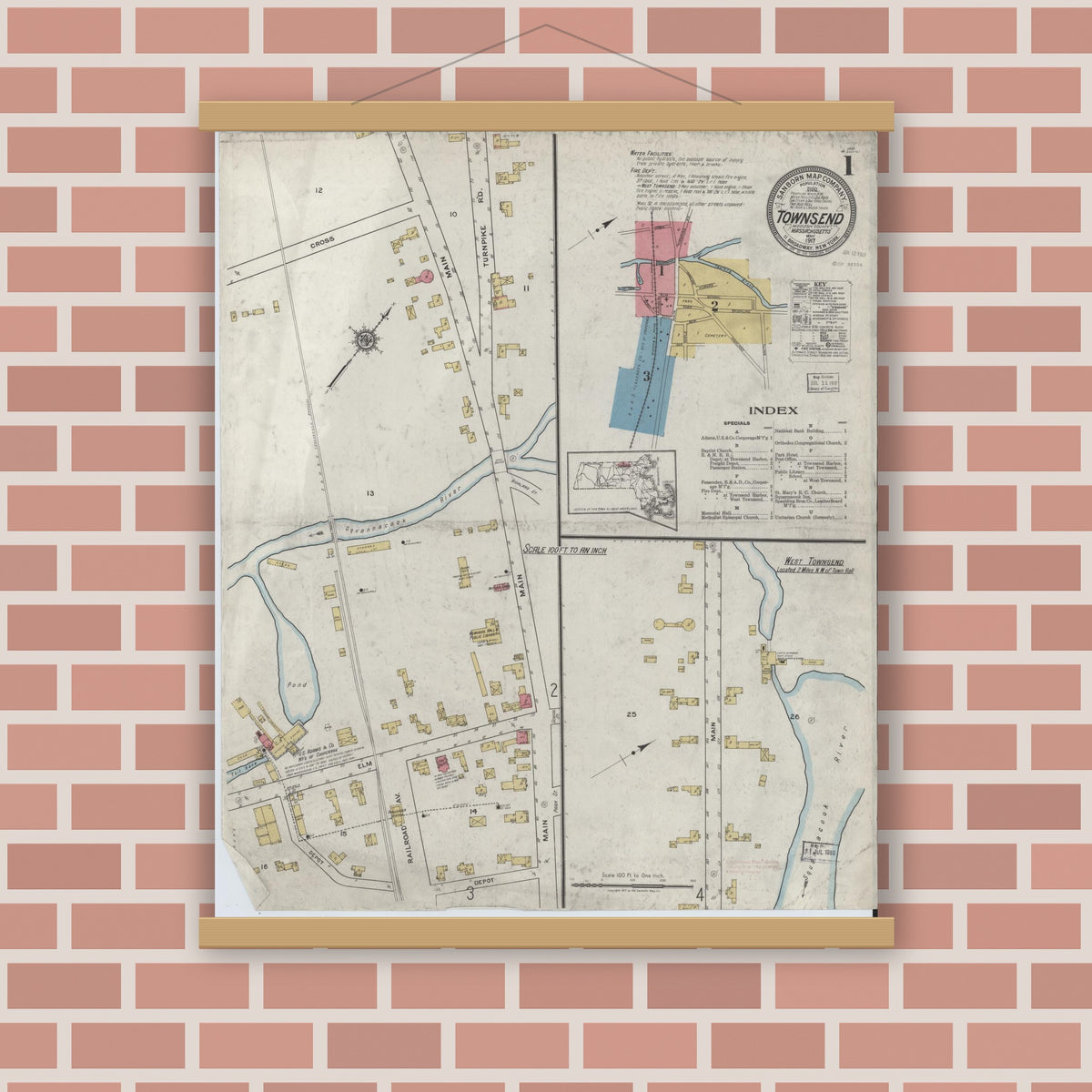 Old map wall art mockup — magnetic wood frame on brick wall — Sanborn Fire Insurance Map from Townsend, Middlesex County, Massachusetts (1917), Sheet #0001