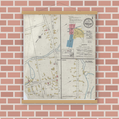 Old map wall art mockup — magnetic wood frame on brick wall — Sanborn Fire Insurance Map from Townsend, Middlesex County, Massachusetts (1917), Sheet #0001