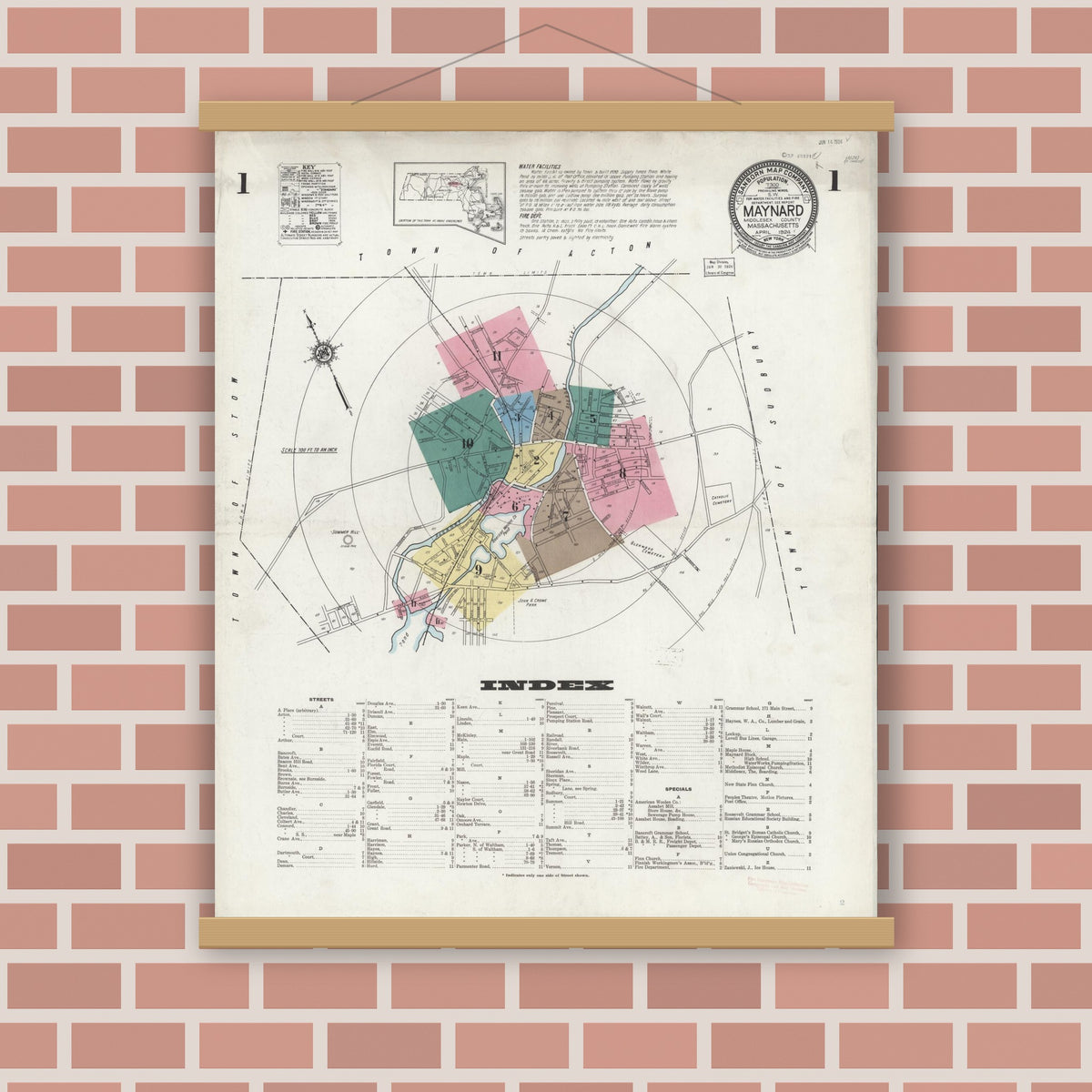 Old map wall art mockup — magnetic wood frame on brick wall — Sanborn Fire Insurance Map from Maynard, Middlesex County, Massachusetts (1924) - Complete Map Set