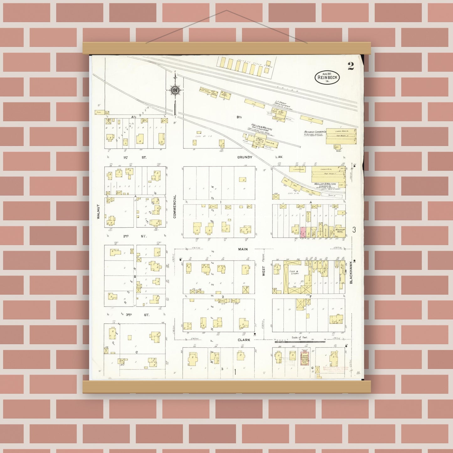 Old map wall art mockup — magnetic wood frame on brick wall — Sanborn Fire Insurance Map from Reinbeck, Grundy County, Iowa (1911), Sheet #0002