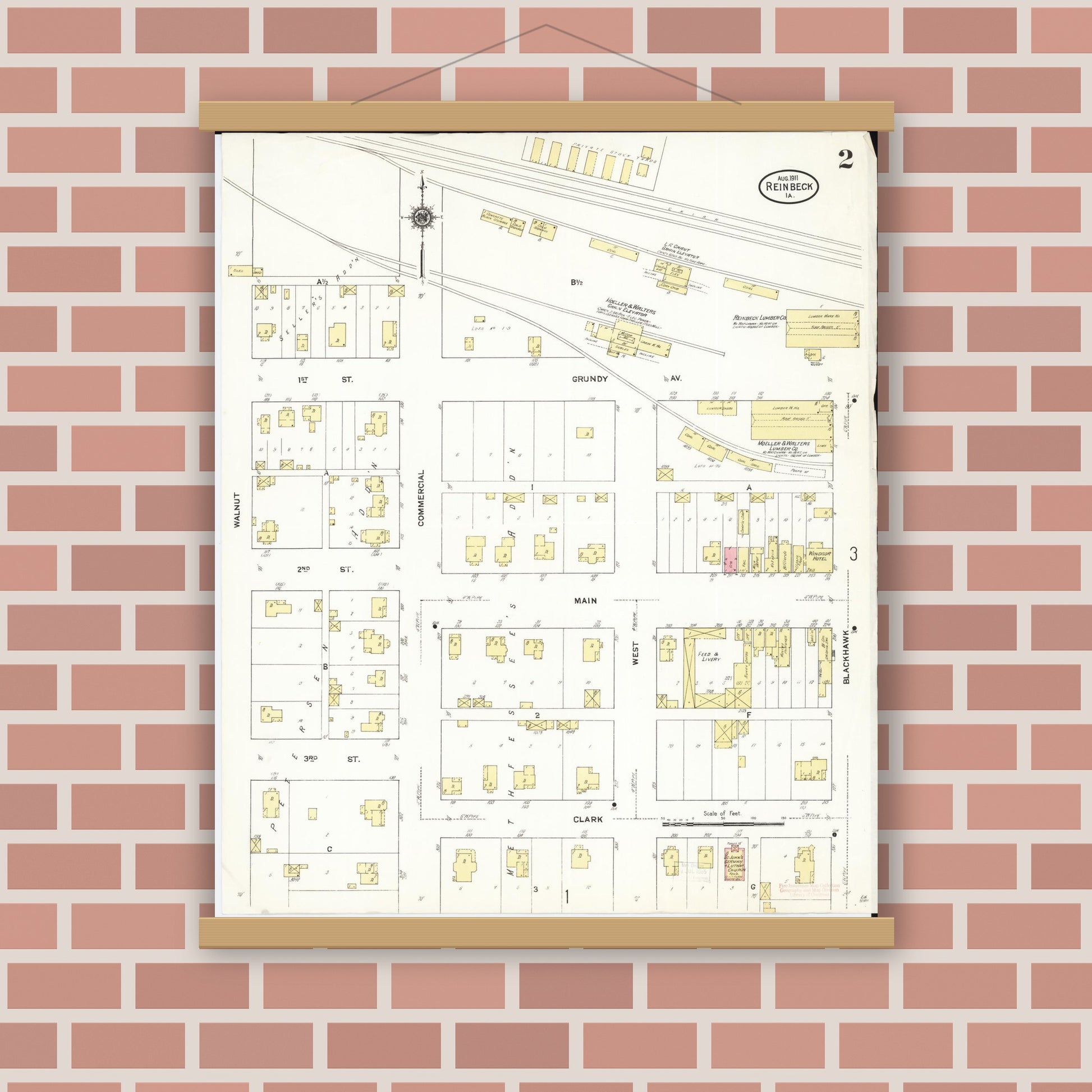 Old map wall art mockup — magnetic wood frame on brick wall — Sanborn Fire Insurance Map from Reinbeck, Grundy County, Iowa (1911), Sheet #0002