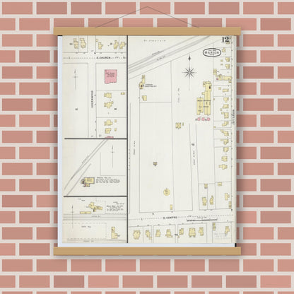 Old map wall art mockup — magnetic wood frame on brick wall — Sanborn Fire Insurance Map from Marion, Marion County, Ohio (1895), Sheet #0012