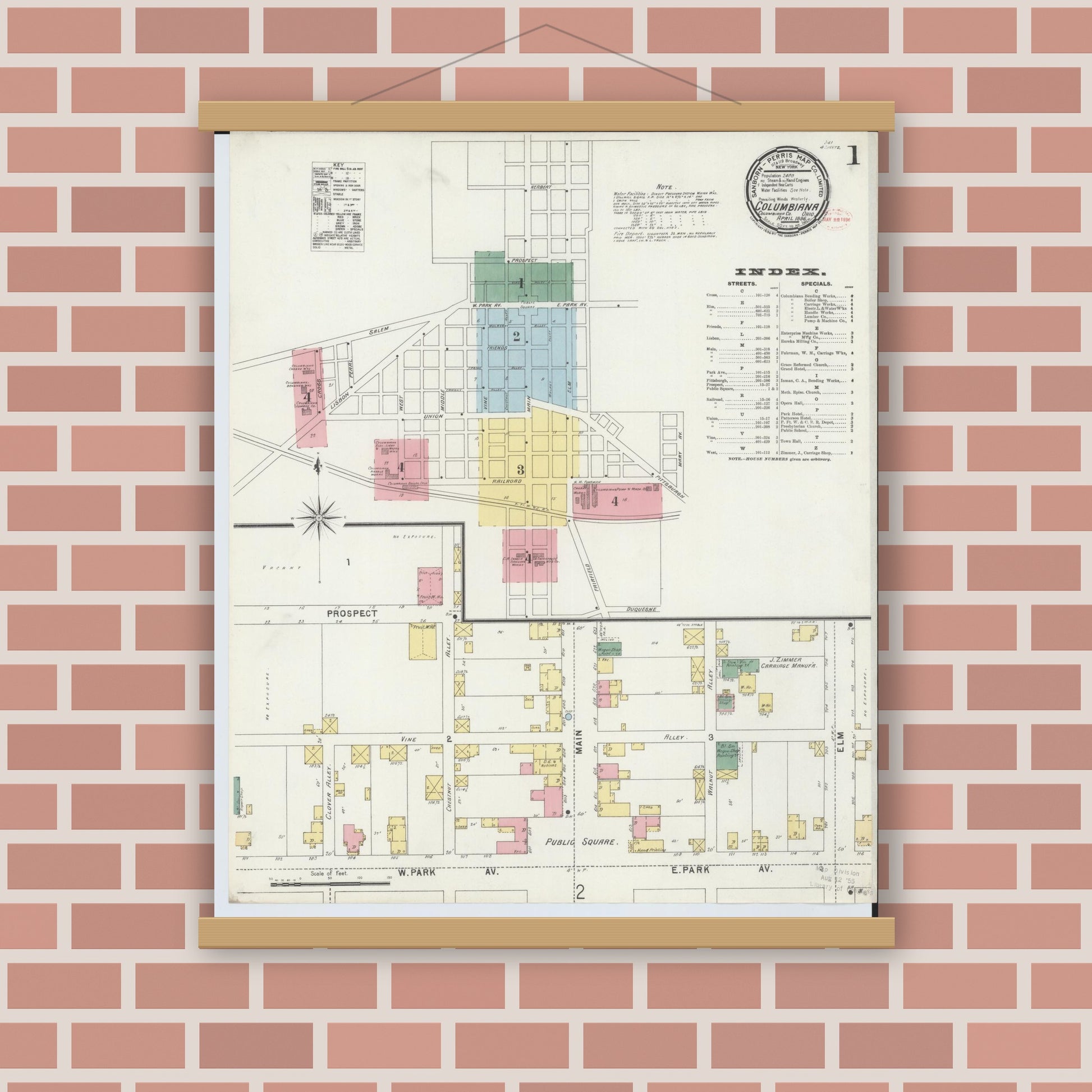 Old map wall art mockup — magnetic wood frame on brick wall — Sanborn Fire Insurance Map from Columbiana, Columbiana County, Ohio (1896), Sheet #0001