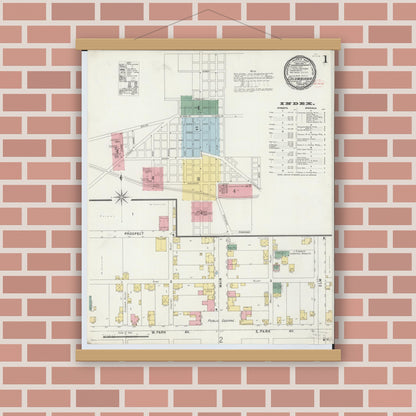 Old map wall art mockup — magnetic wood frame on brick wall — Sanborn Fire Insurance Map from Columbiana, Columbiana County, Ohio (1896), Sheet #0001