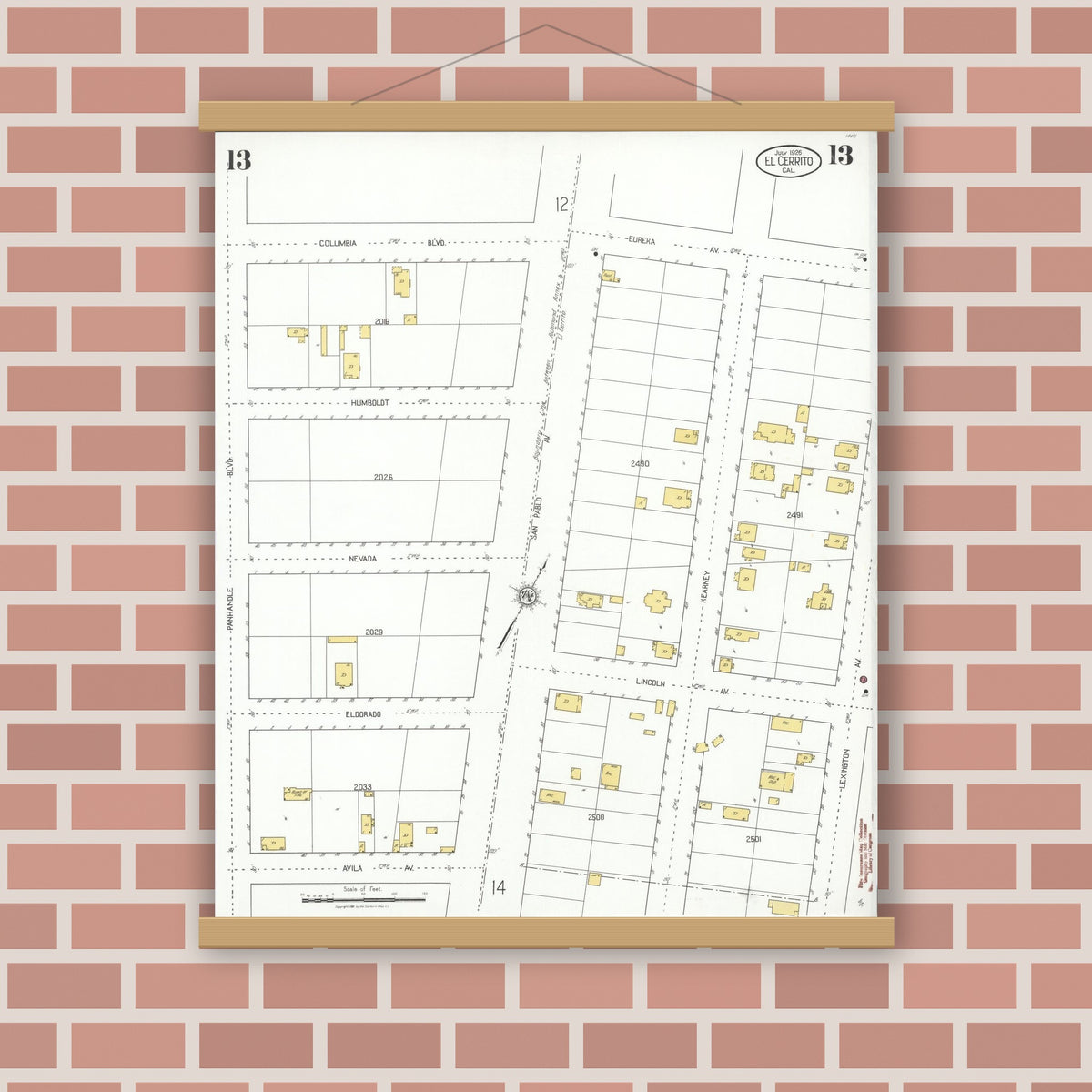 Old map wall art mockup — magnetic wood frame on brick wall — Sanborn Fire Insurance Map from El Cerrito, Contra Costa County, California (1926), Sheet #0013