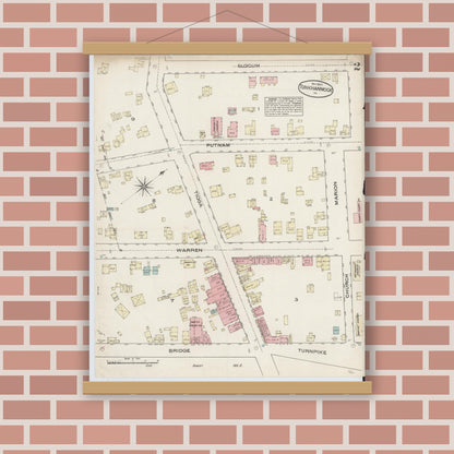 Old map wall art mockup — magnetic wood frame on brick wall — Sanborn Fire Insurance Map from Tunkhannock, Wyoming County, Pennsylvania (1884), Sheet #0002