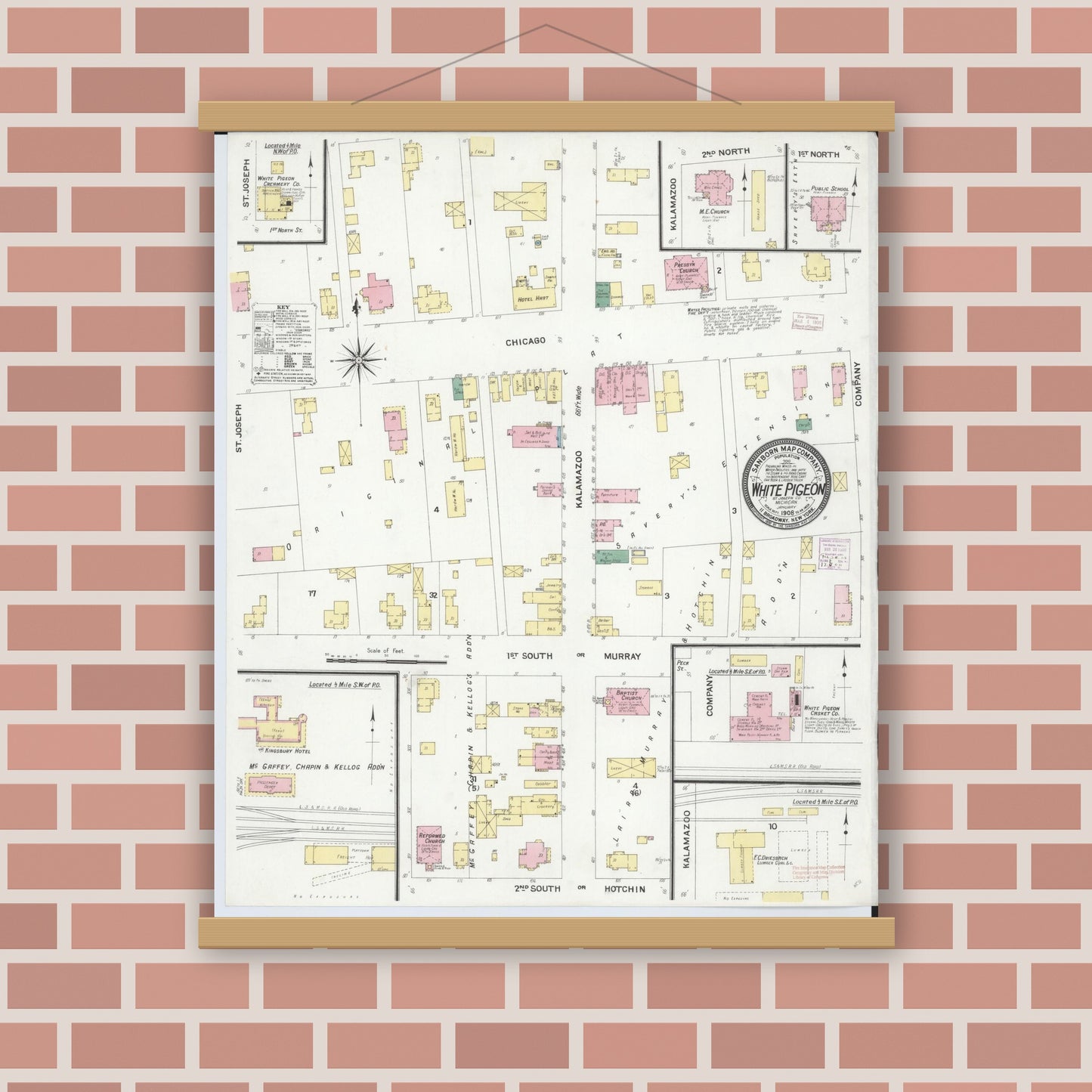Old map wall art mockup — magnetic wood frame on brick wall — Sanborn Fire Insurance Map from White Pigeon, Saint Joseph County, Michigan (1908), Sheet #0001