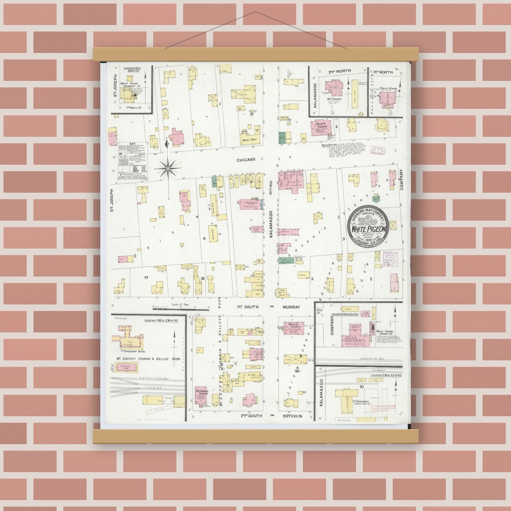 Old map wall art mockup — magnetic wood frame on brick wall — Sanborn Fire Insurance Map from White Pigeon, Saint Joseph County, Michigan (1908), Sheet #0001