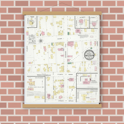 Old map wall art mockup — magnetic wood frame on brick wall — Sanborn Fire Insurance Map from White Pigeon, Saint Joseph County, Michigan (1908), Sheet #0001