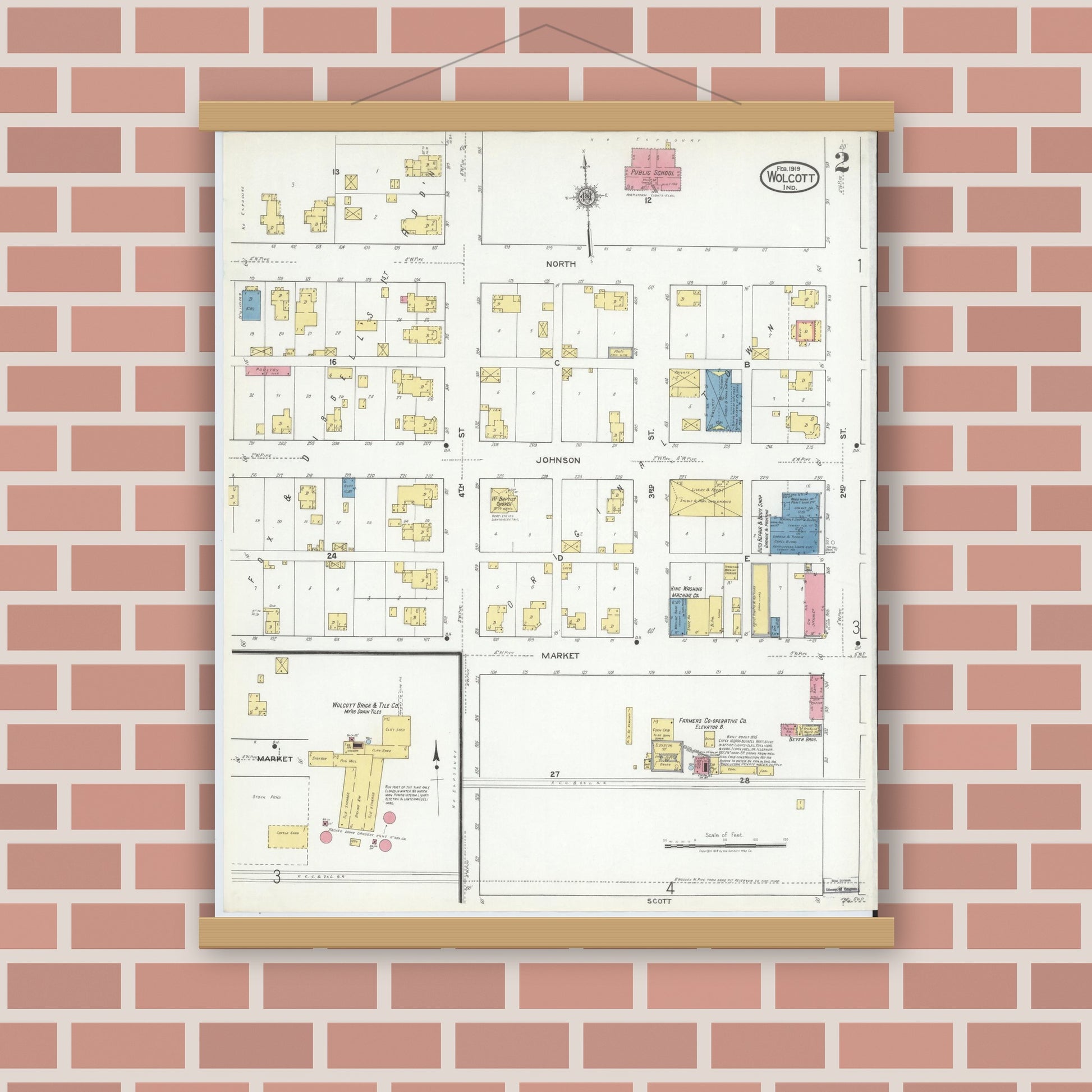 Old map wall art mockup — magnetic wood frame on brick wall — Sanborn Fire Insurance Map from Wolcott, White County, Indiana (1919), Sheet #0002