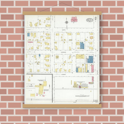 Old map wall art mockup — magnetic wood frame on brick wall — Sanborn Fire Insurance Map from Wolcott, White County, Indiana (1919), Sheet #0002