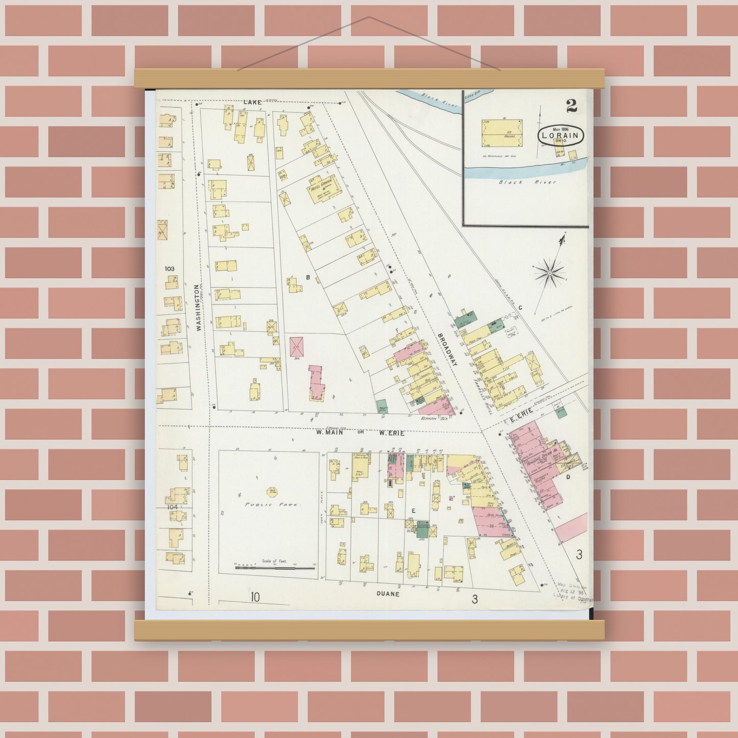 Old map wall art mockup — magnetic wood frame on brick wall — Sanborn Fire Insurance Map from Lorain, Lorain County, Ohio (1896), Sheet #0002