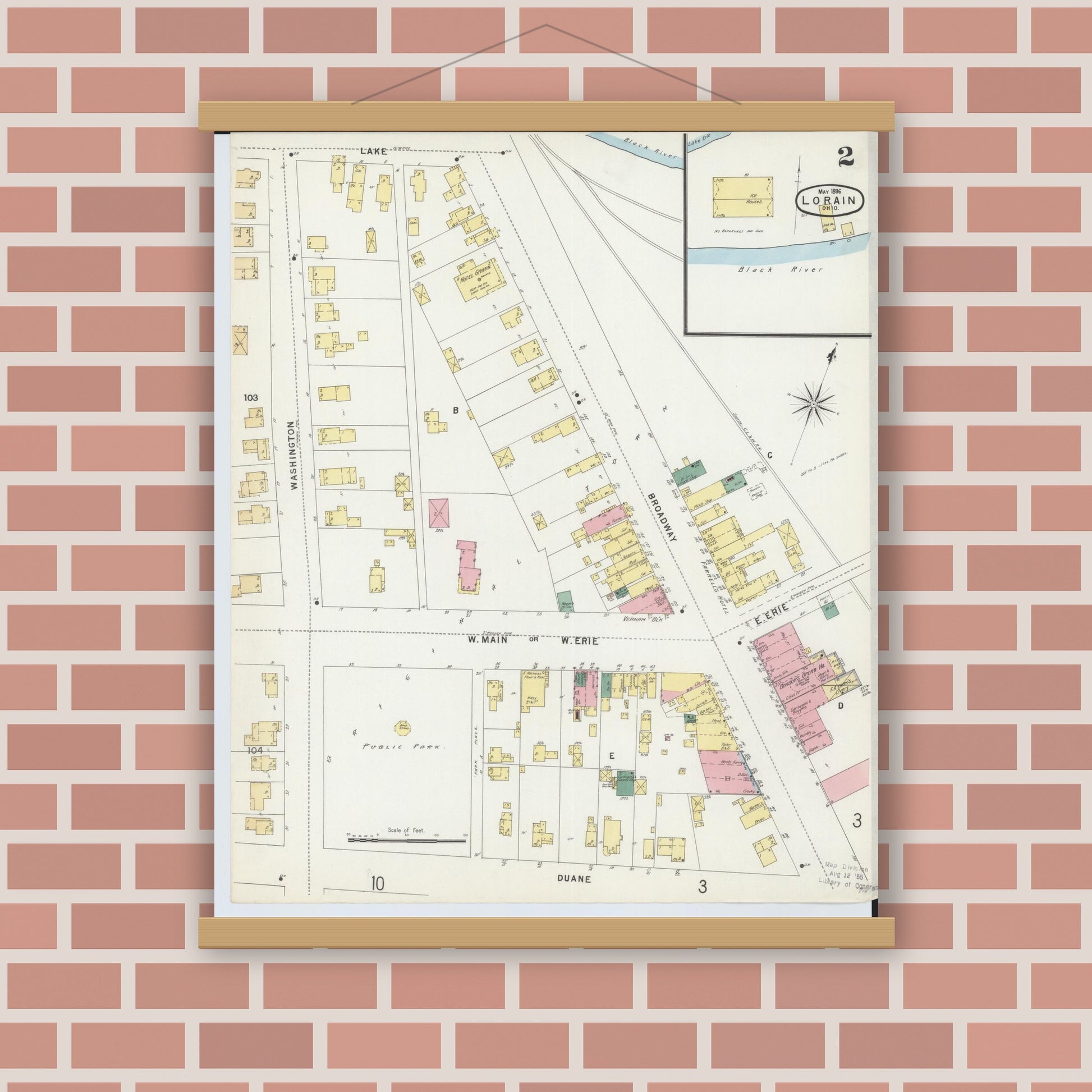 Old map wall art mockup — magnetic wood frame on brick wall — Sanborn Fire Insurance Map from Lorain, Lorain County, Ohio (1896), Sheet #0002