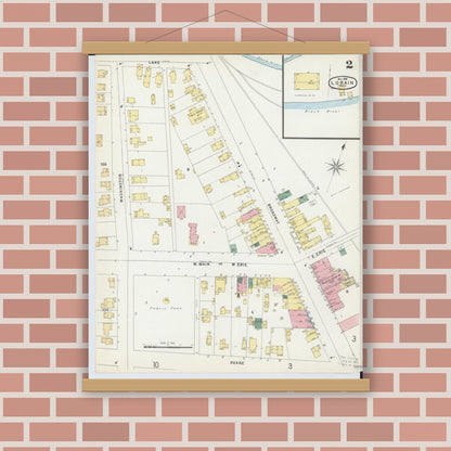 Old map wall art mockup — magnetic wood frame on brick wall — Sanborn Fire Insurance Map from Lorain, Lorain County, Ohio (1896), Sheet #0002