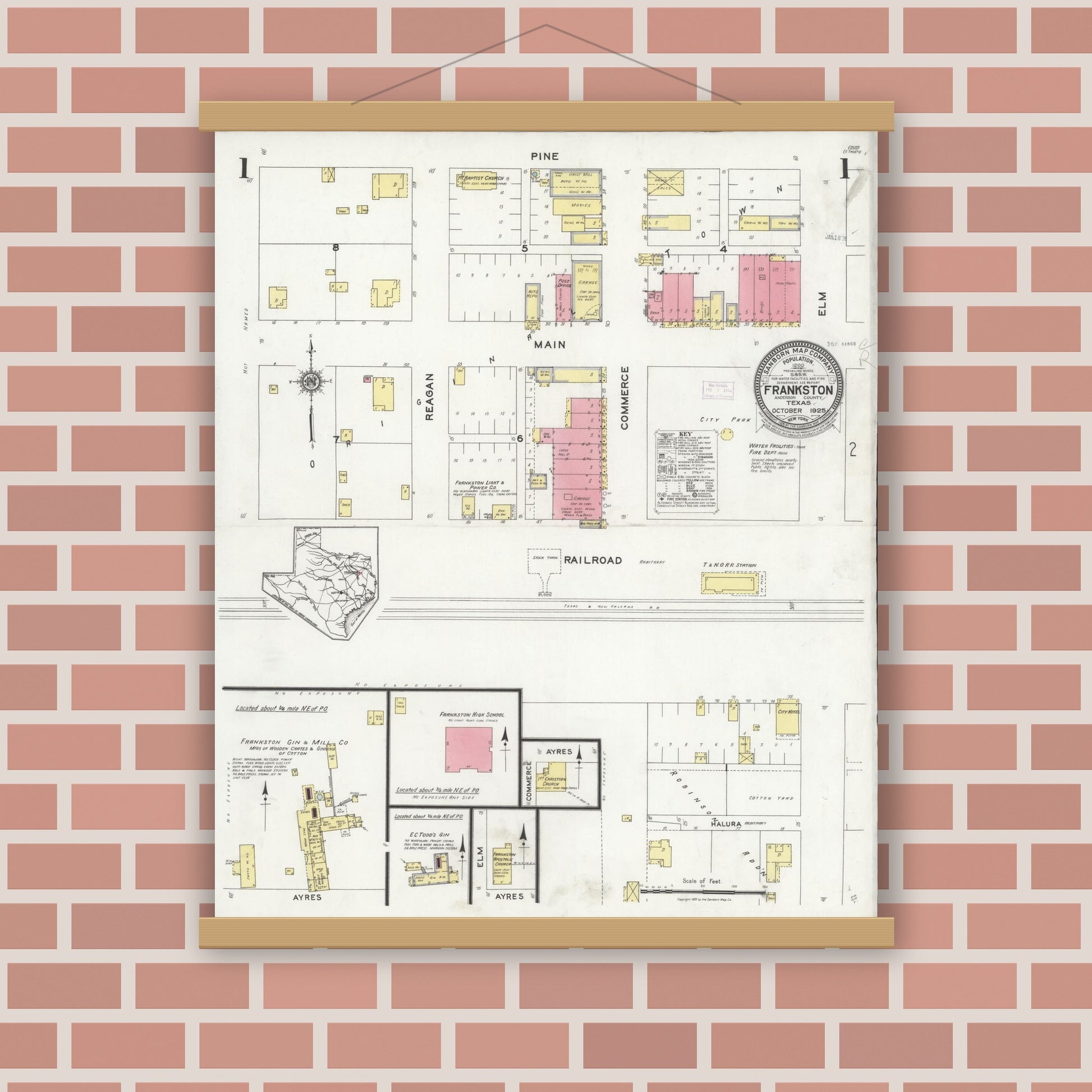 Old map wall art mockup — magnetic wood frame on brick wall — Sanborn Fire Insurance Map from Frankston, Anderson County, Texas (1925), Sheet #0001