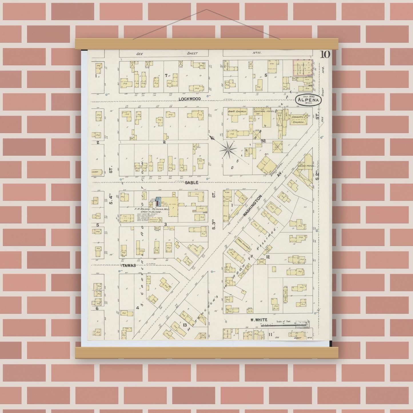 Old map wall art mockup — magnetic wood frame on brick wall — Sanborn Fire Insurance Map from Alpena, Alpena County, Michigan (1890), Sheet #0010